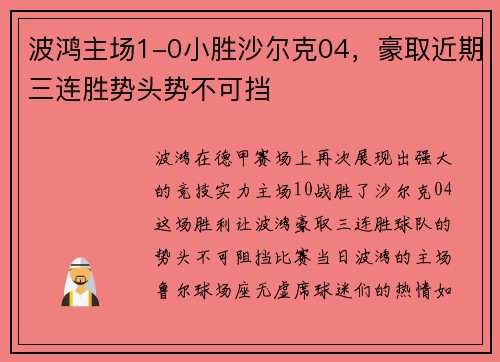 波鸿主场1-0小胜沙尔克04，豪取近期三连胜势头势不可挡