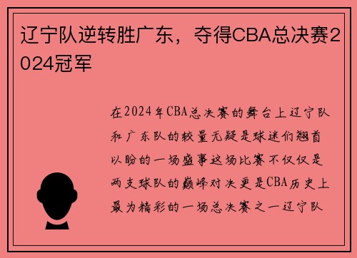 辽宁队逆转胜广东，夺得CBA总决赛2024冠军